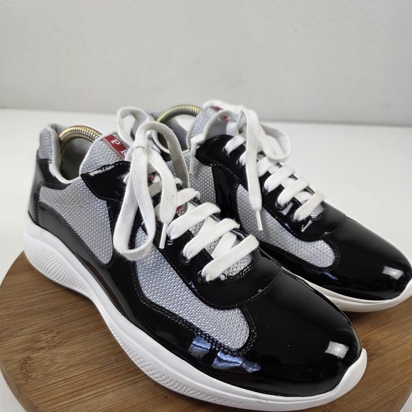 Prada Shoes Mens Size 8 Black Gray Patent Leather Low Top Sneakers Italy - Picture 7 of 16